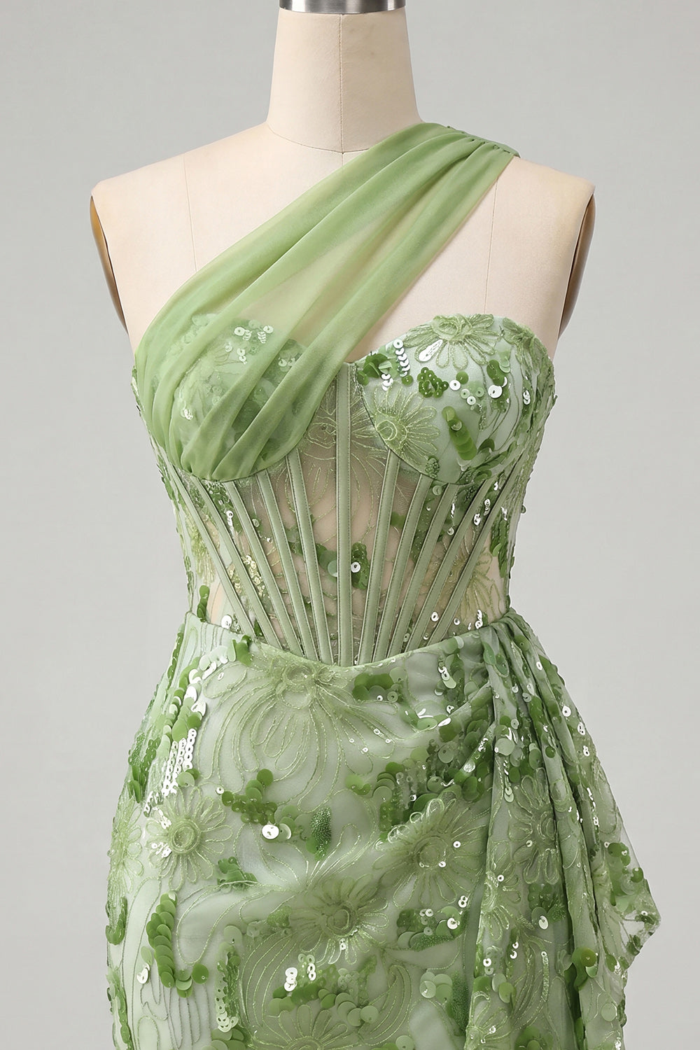 Sparkly Champagne Floral Corset One Shoulder Sequin Tight Short Homecoming Dress