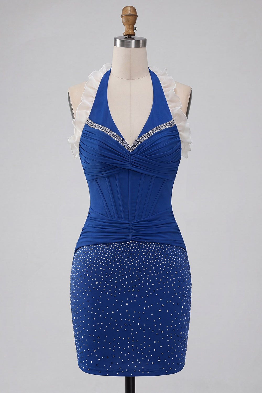 Dark Blue Beaded Ruffled Tight Corset Short Homecoming Dress