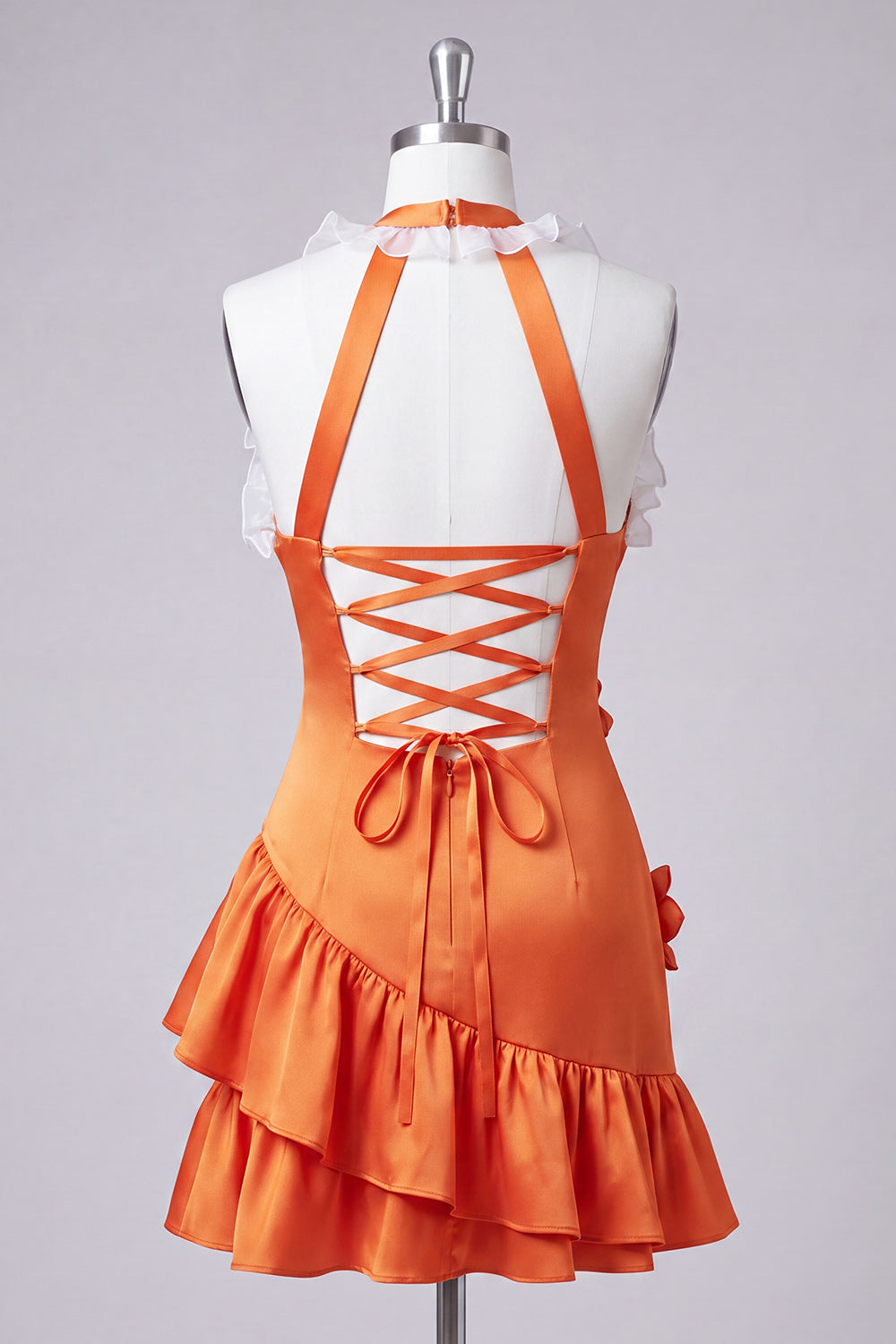 Floral Halter Neck Orange Tight Short Homecoming Dress with Ruffles