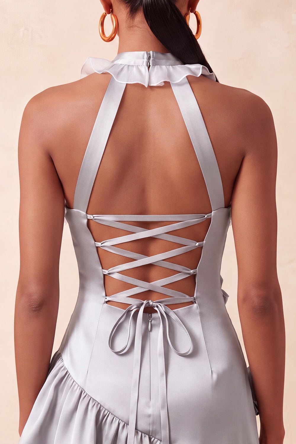 Floral Halter Neck Orange Tight Short Homecoming Dress with Ruffles