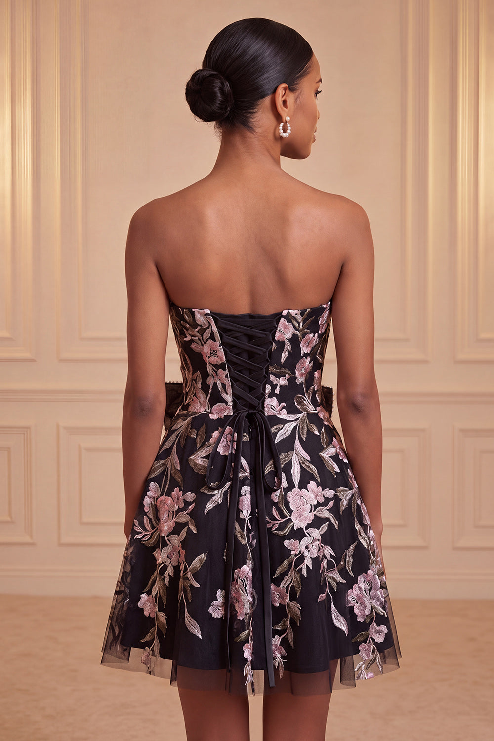 Floral Pink A-Line Beaded Short Homecoming Dress with Bow
