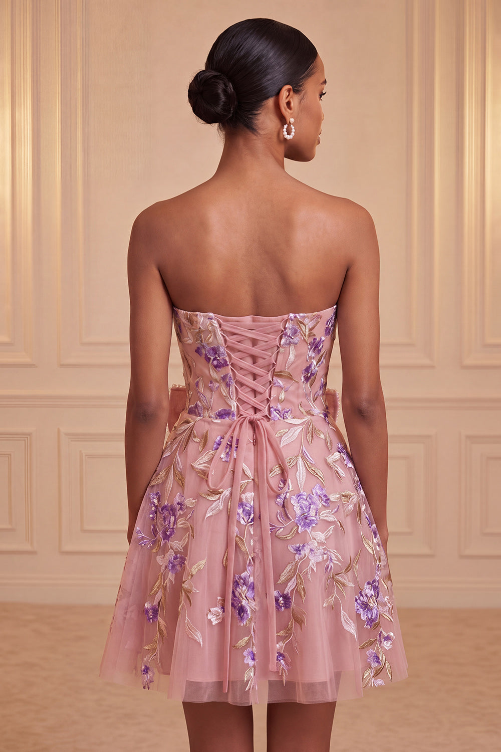 Floral Pink A-Line Beaded Short Homecoming Dress with Bow