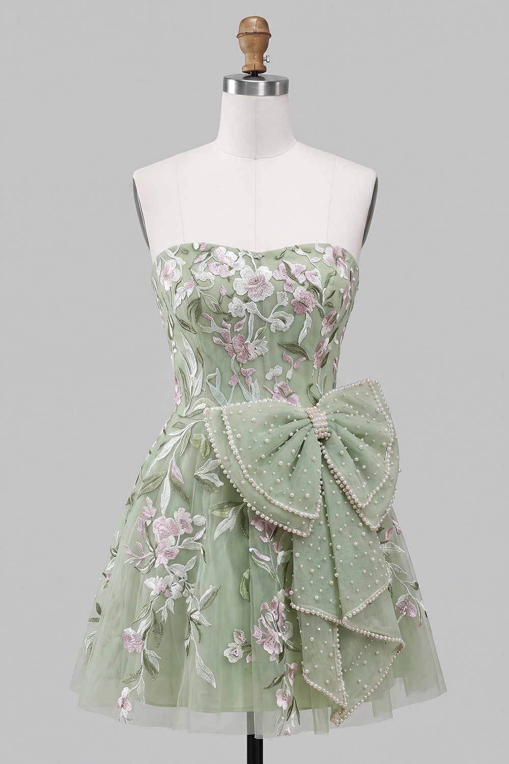 Floral Pink A-Line Beaded Short Homecoming Dress with Bow