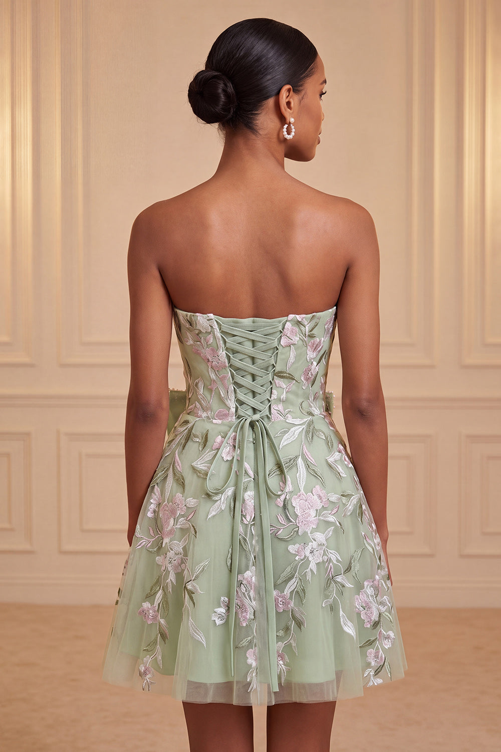 Floral Pink A-Line Beaded Short Homecoming Dress with Bow