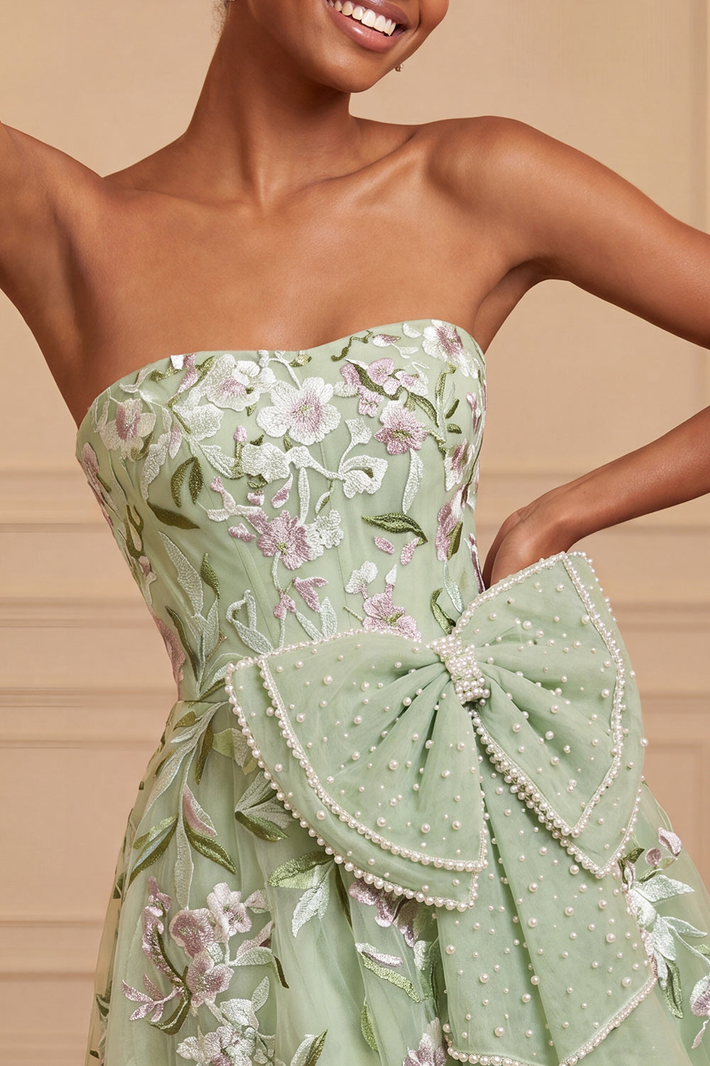 Floral Pink A-Line Beaded Short Homecoming Dress with Bow