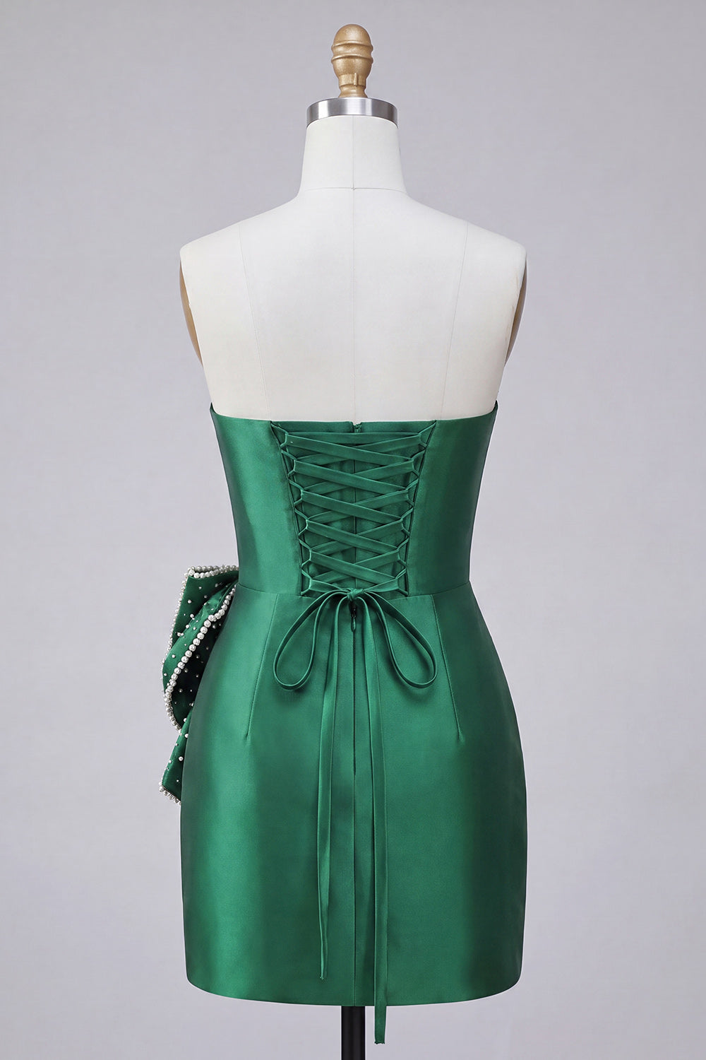 Dark Green Beaded Satin Tight Short Homecoming Dress with Bow