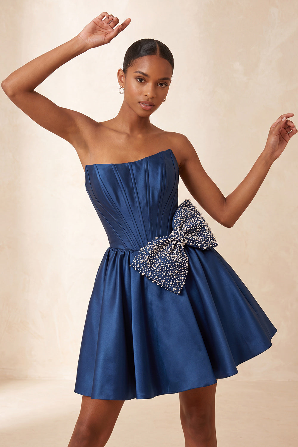 Navy Beaded A-Line Short Corset Homecoming Dress with Bow