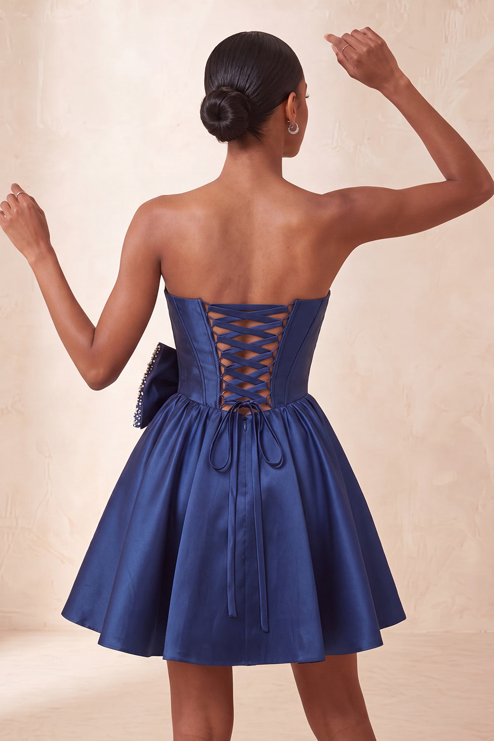 Navy Beaded A-Line Short Corset Homecoming Dress with Bow
