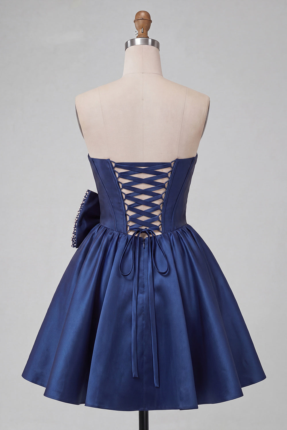 Navy Beaded A-Line Short Corset Homecoming Dress with Bow