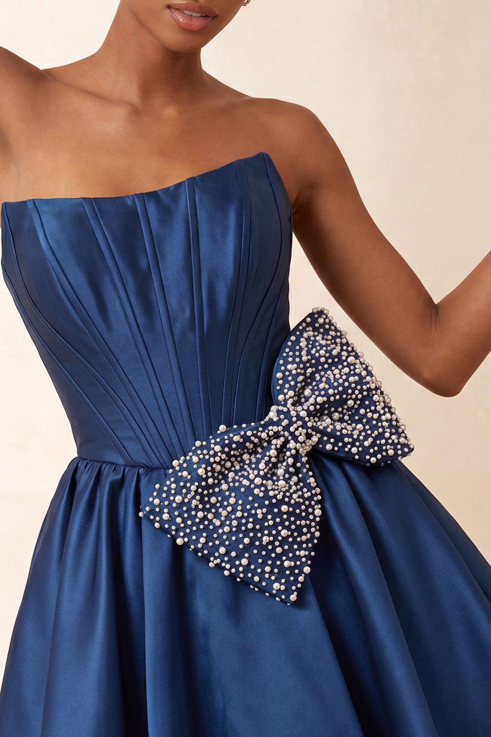 Navy Beaded A-Line Short Corset Homecoming Dress with Bow