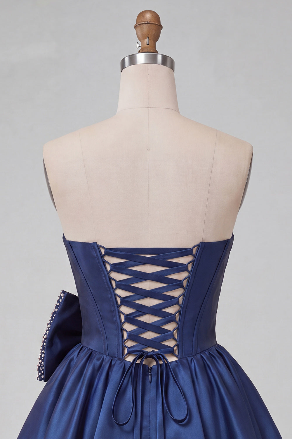 Navy Beaded A-Line Short Corset Homecoming Dress with Bow