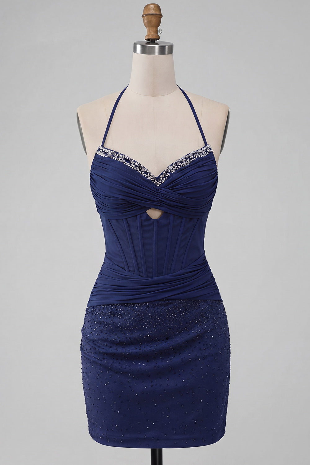 Navy Ruched Beaded Tight Short Corset Homecoming Dress