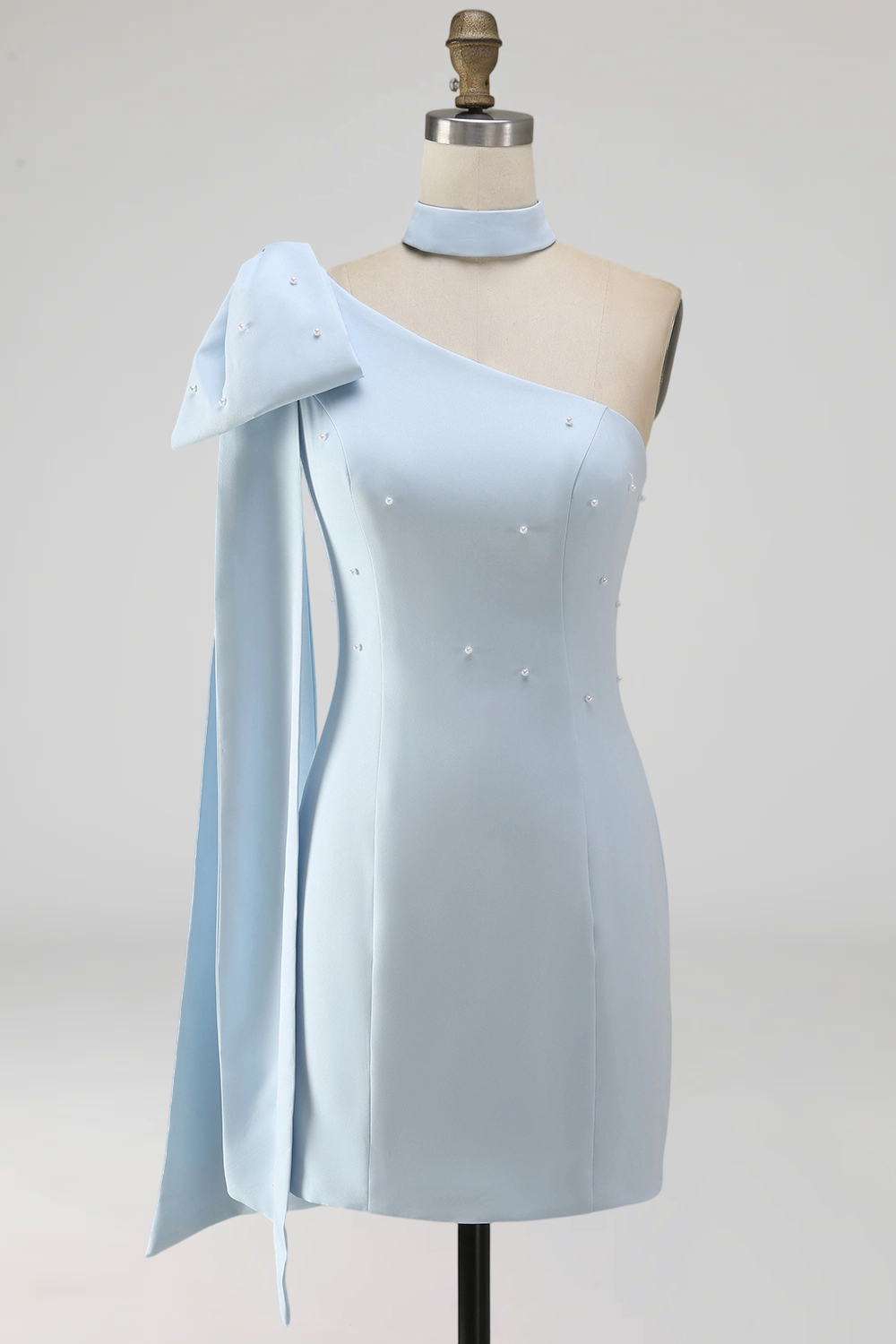 Light Blue One Shoulder Beaded Tight Short Homecoming Dress with Bow