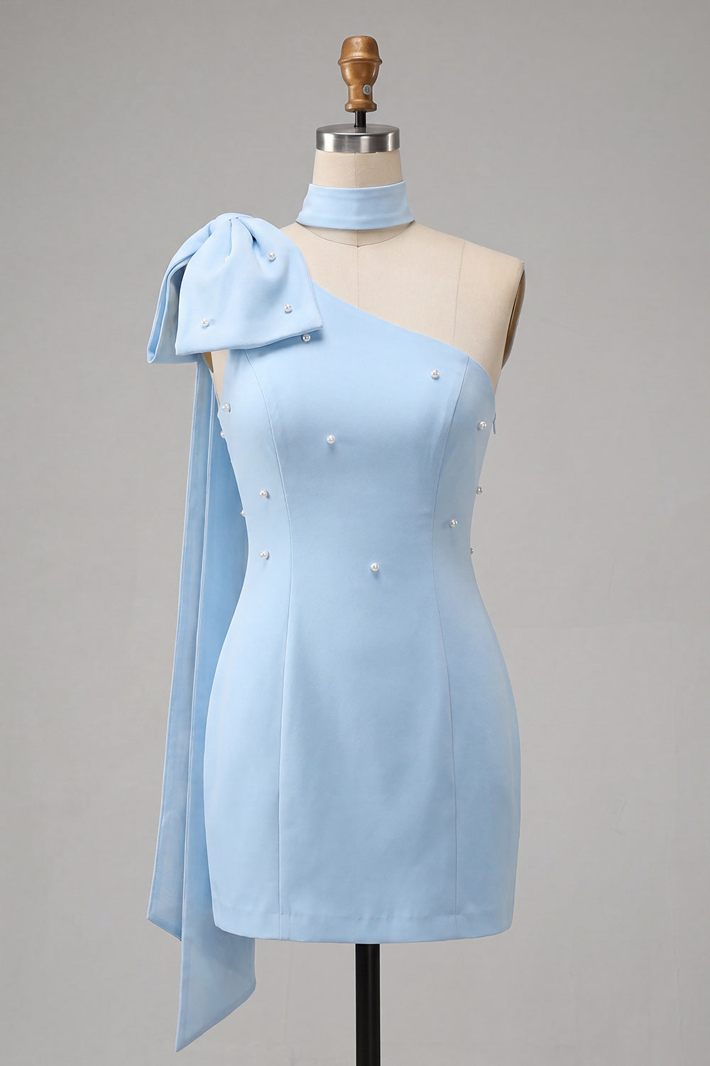 Light Blue One Shoulder Beaded Tight Short Homecoming Dress with Bow
