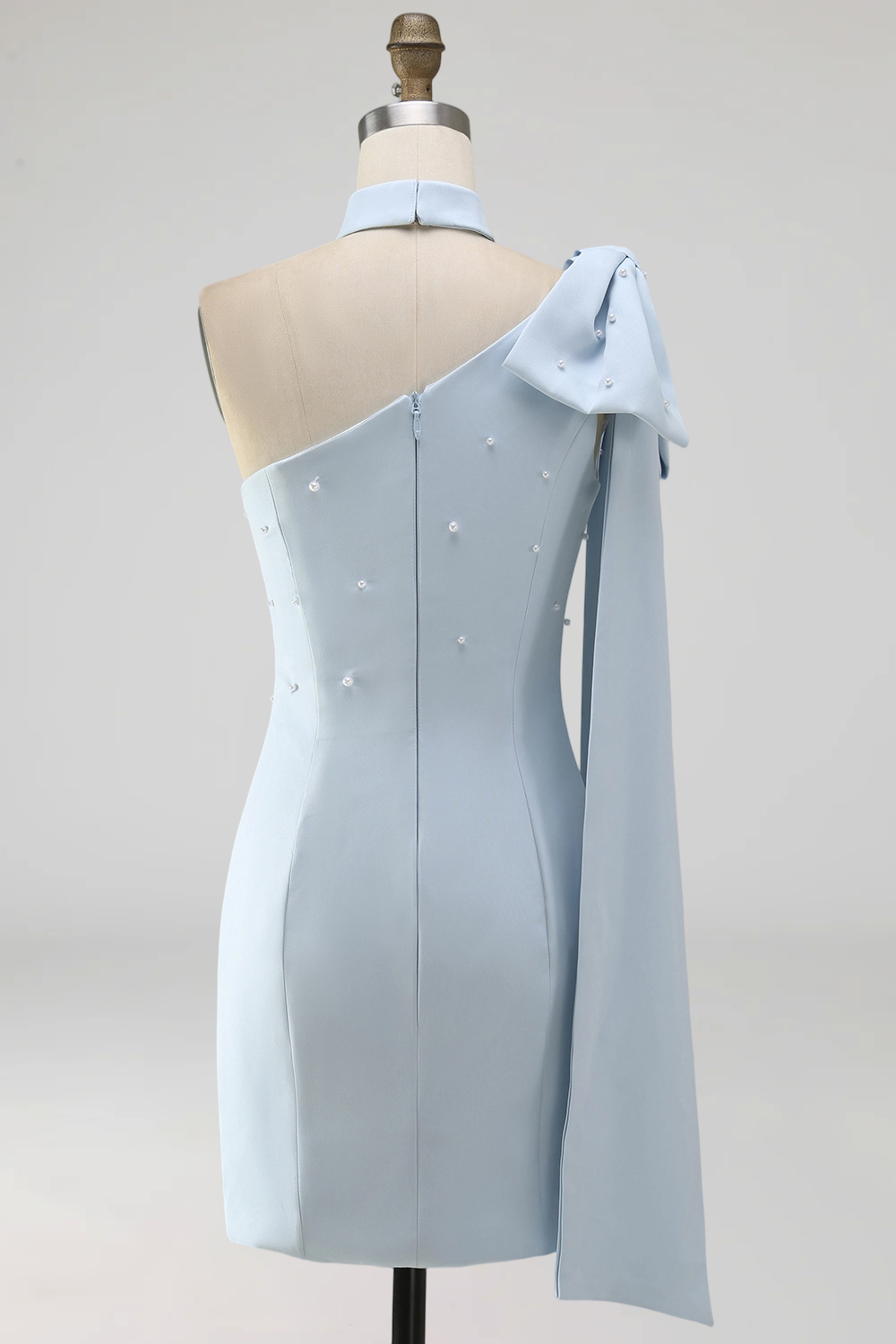 Light Blue One Shoulder Beaded Tight Short Homecoming Dress with Bow