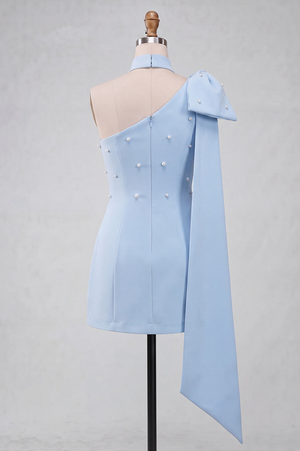 Light Blue One Shoulder Beaded Tight Short Homecoming Dress with Bow