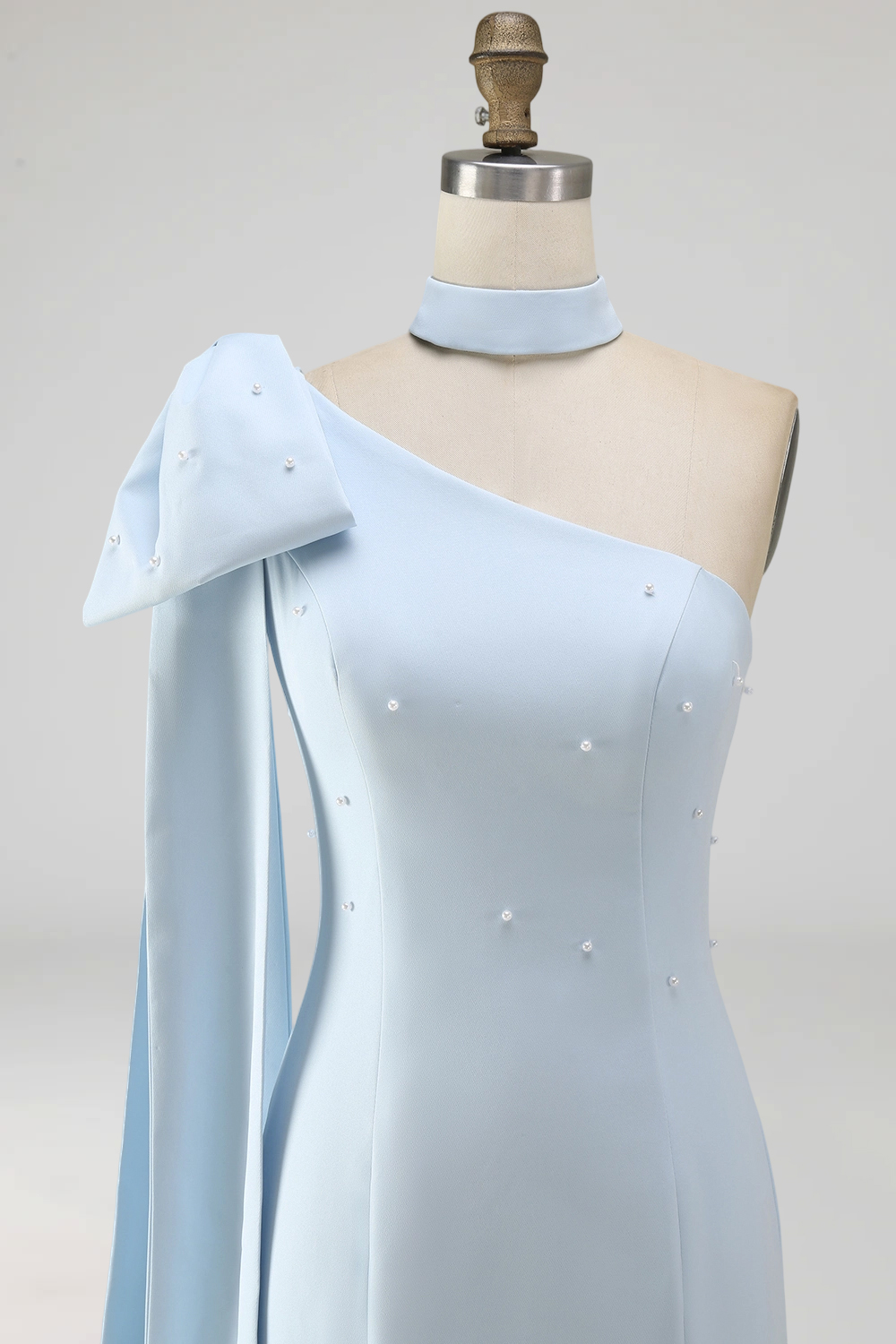 Light Blue One Shoulder Beaded Tight Short Homecoming Dress with Bow