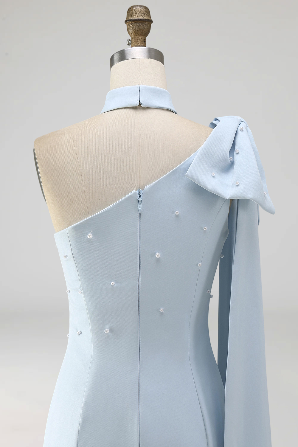 Light Blue One Shoulder Beaded Tight Short Homecoming Dress with Bow