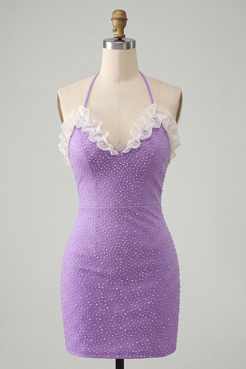 Sparkly Light Purple Ruffled Beaded Tight Short Homecoming Dress