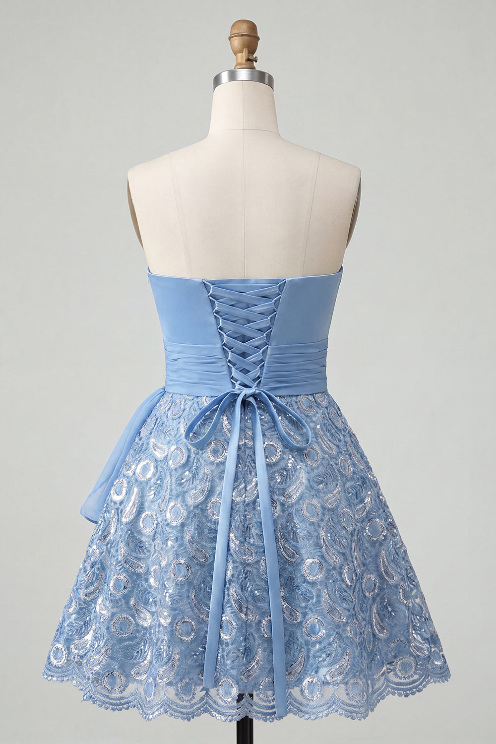 Sky Blue A Line Ruched Lace Short Homecoming Dress with Sash