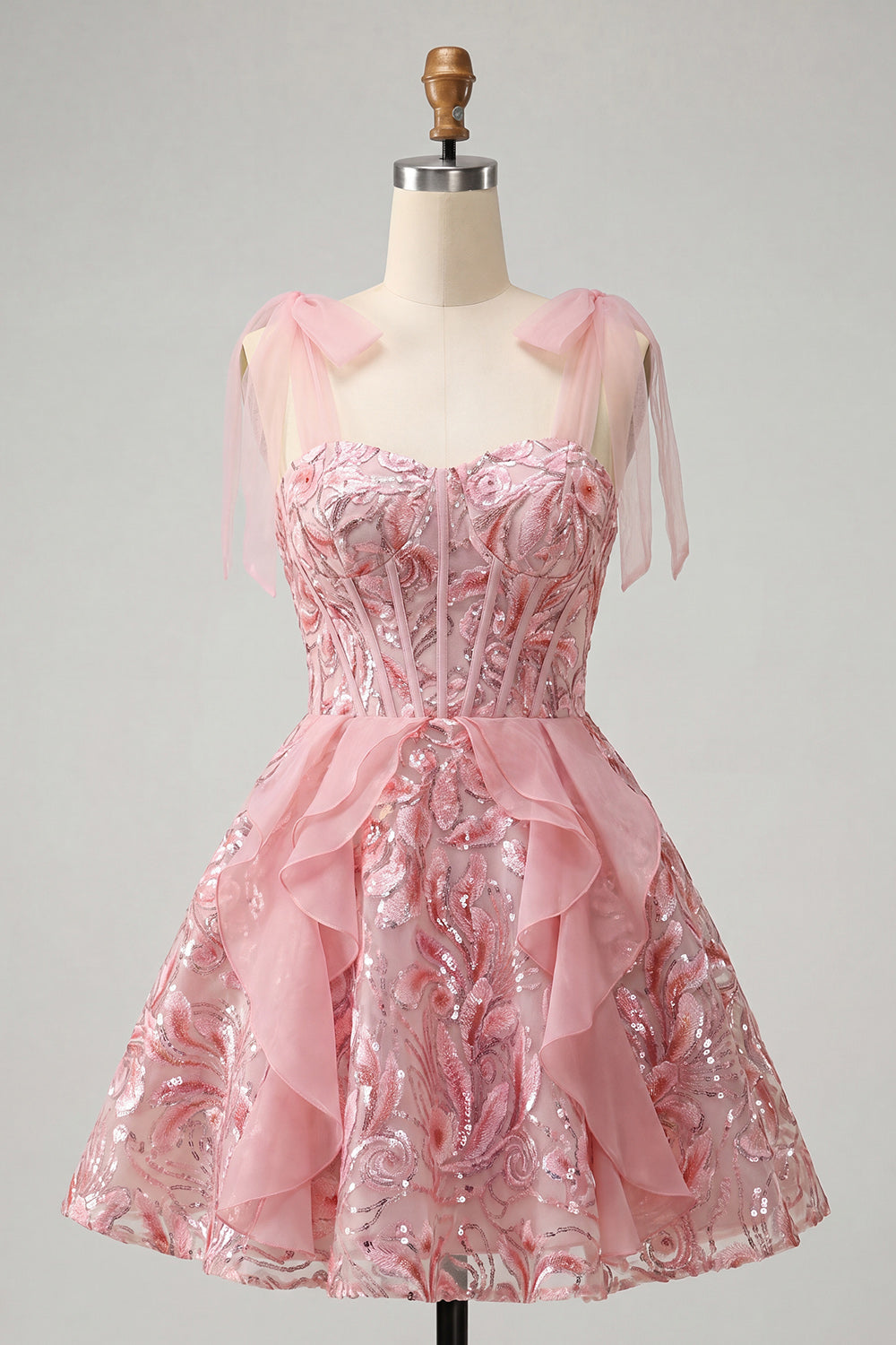 Sparkly Pink Ruffled Sequin Short Corset Homecoming Dress with Bows