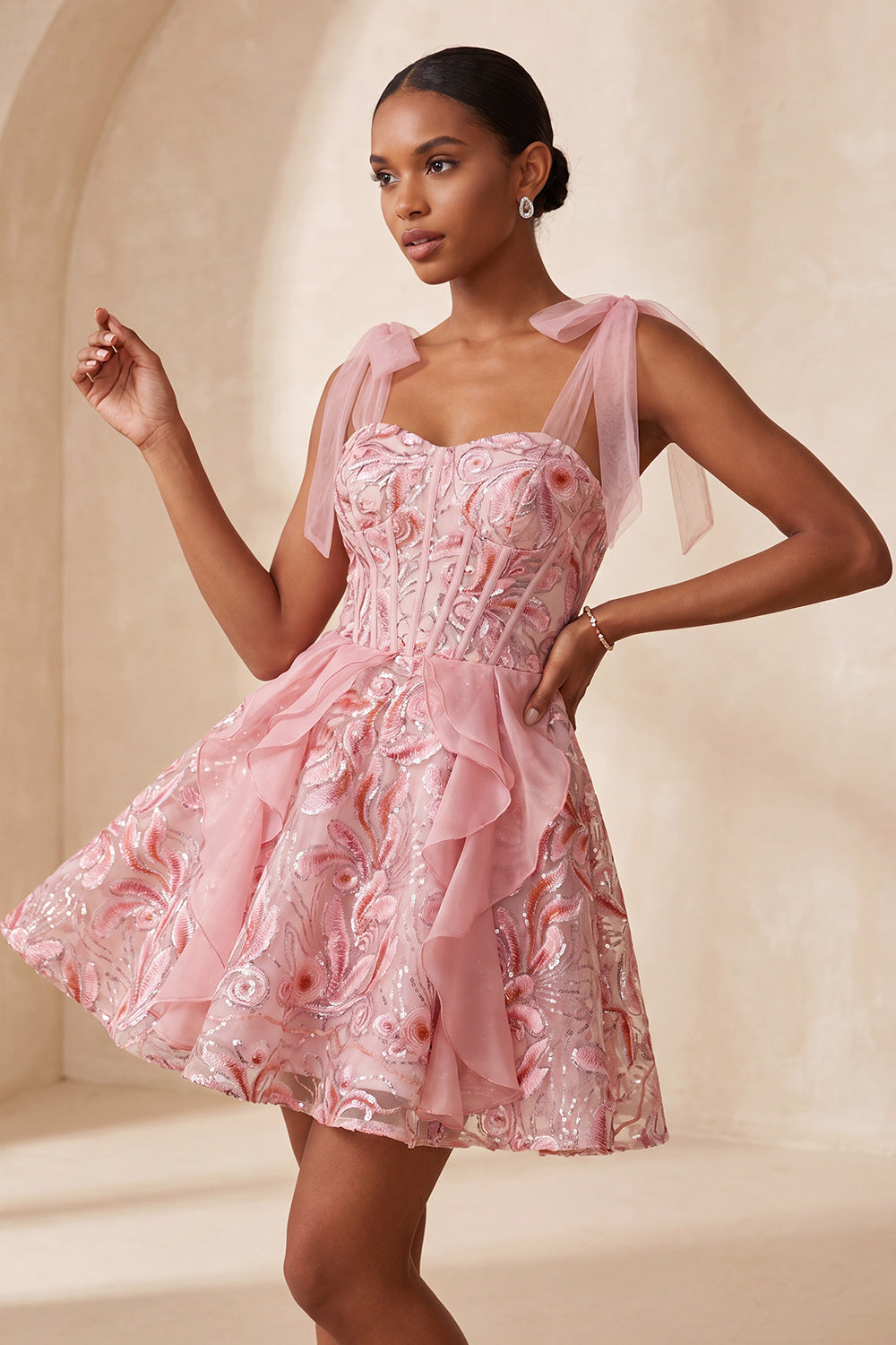Sparkly Pink Ruffled Sequin Short Corset Homecoming Dress with Bows