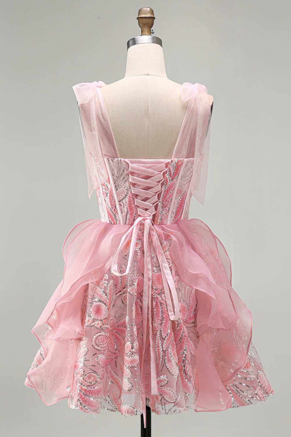 Sparkly Pink Ruffled Sequin Short Corset Homecoming Dress with Bows