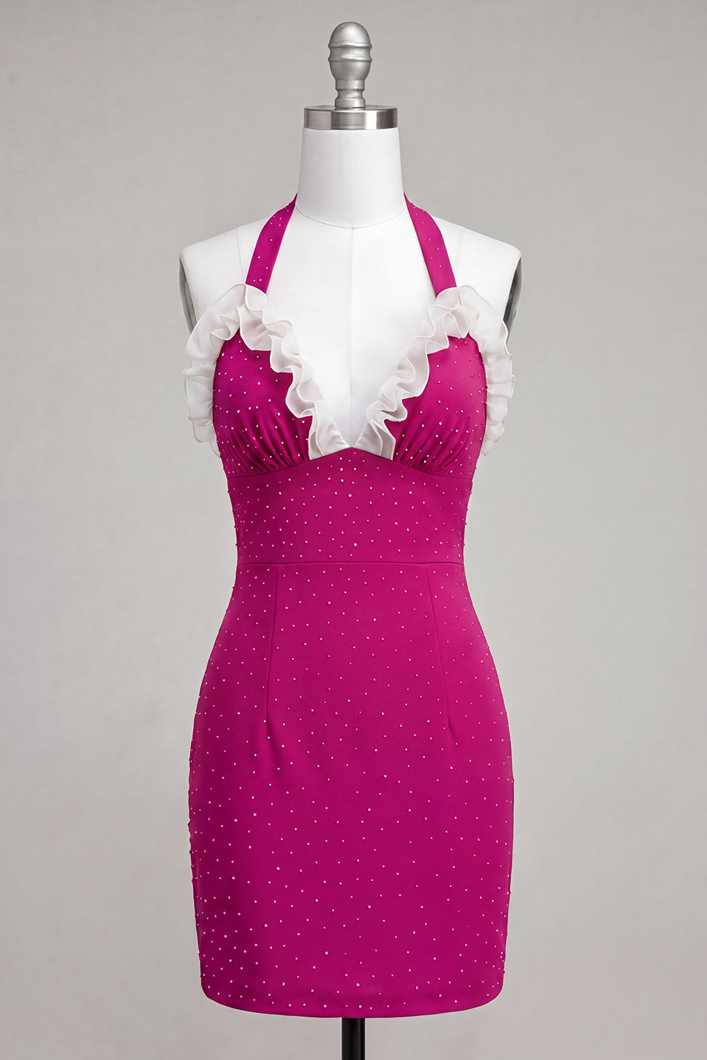 Sparkly Fuchsia Tight Beaded Short Homecoming Dress with Ruffles