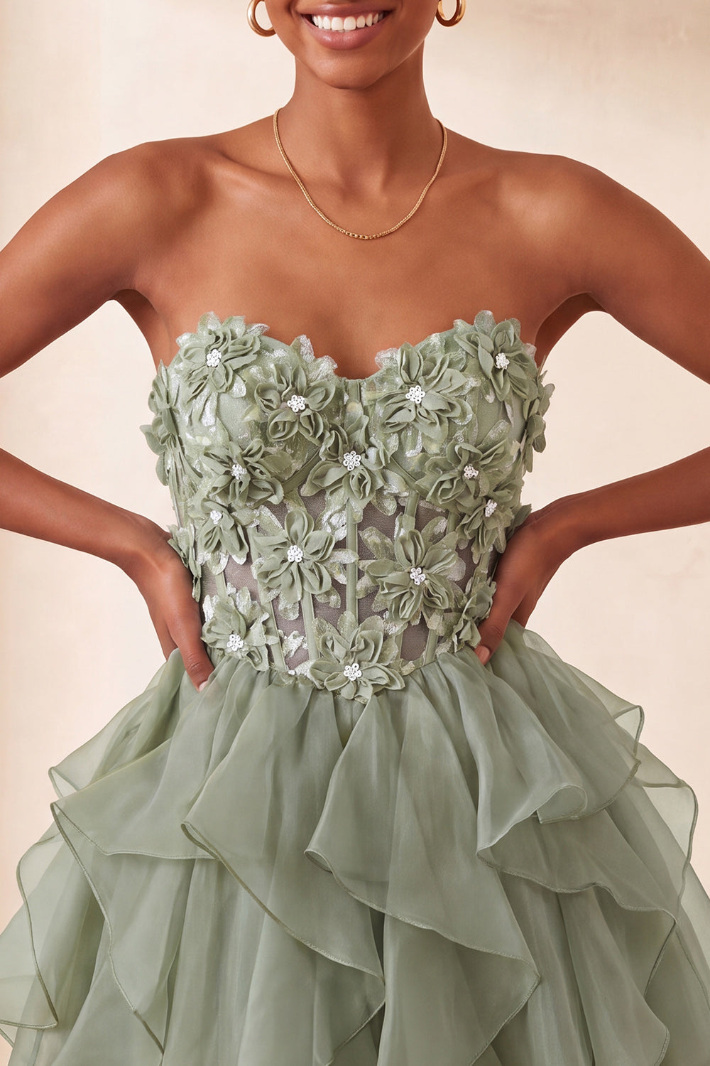 Floral Sage Green Ruffled Corset Short Homcoming Dress