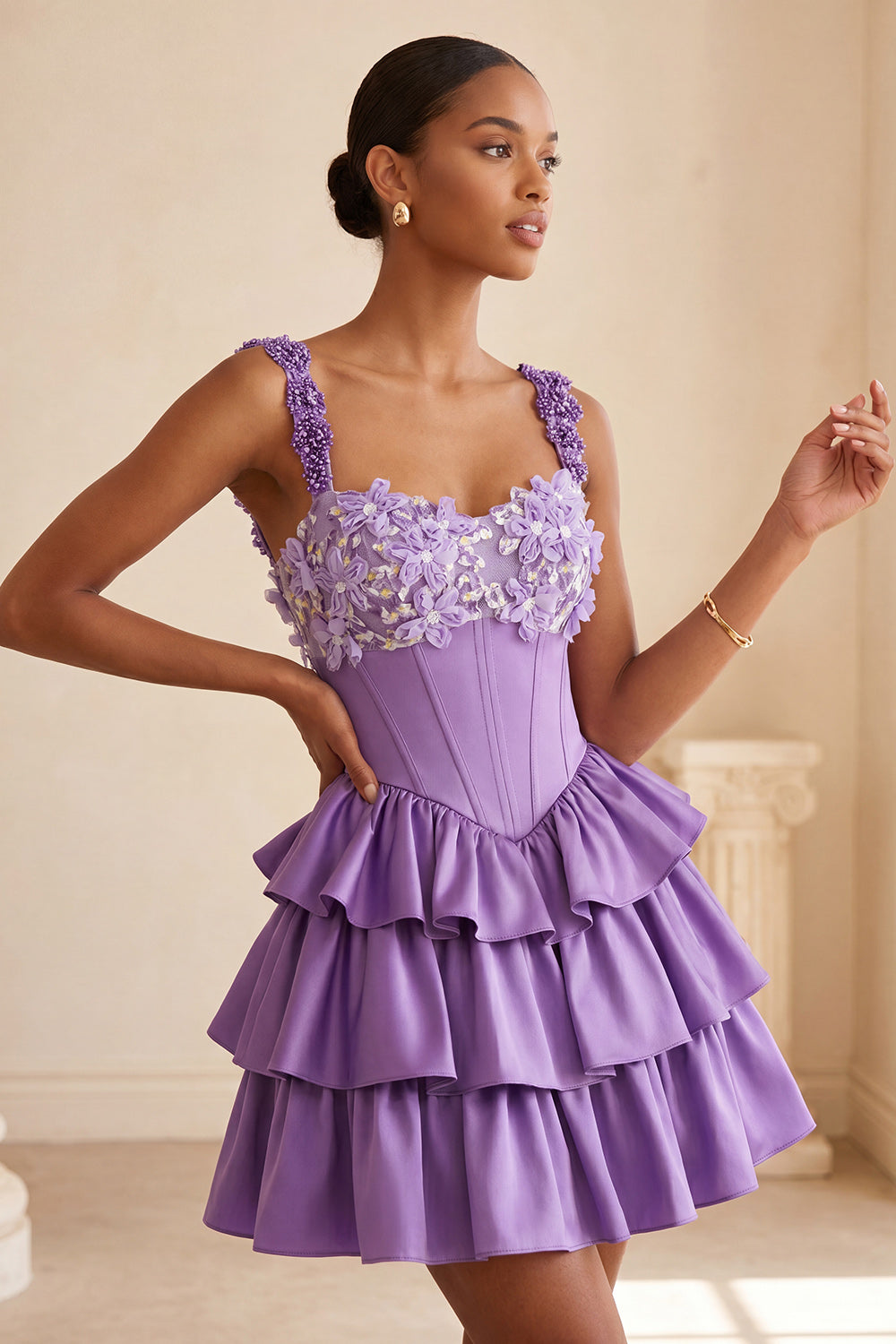 Floral Blue Corset Ruffled Tiered Short Homecoming Dress