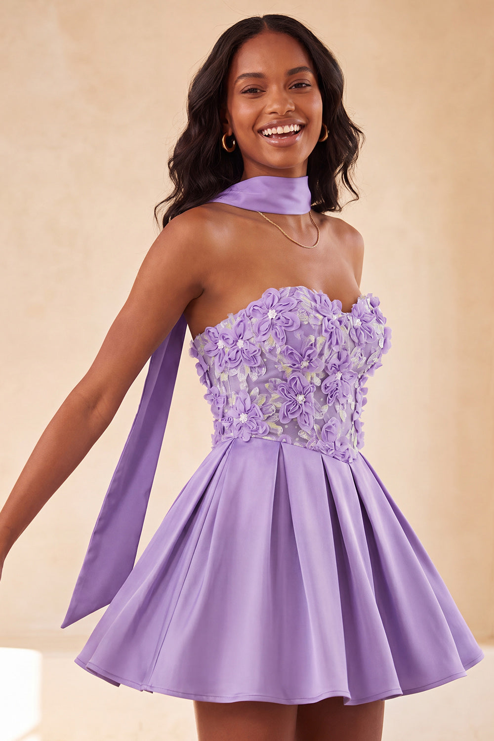 Light Purple Floral Beaded Short A-Line Homecoming Dress with Neck Scarf