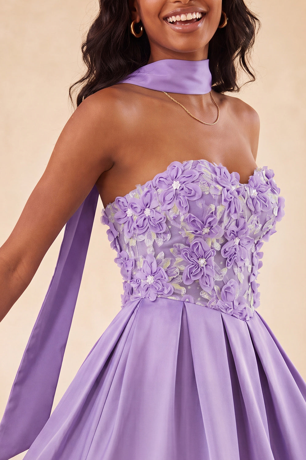 Light Purple Floral Beaded Short A-Line Homecoming Dress with Neck Scarf