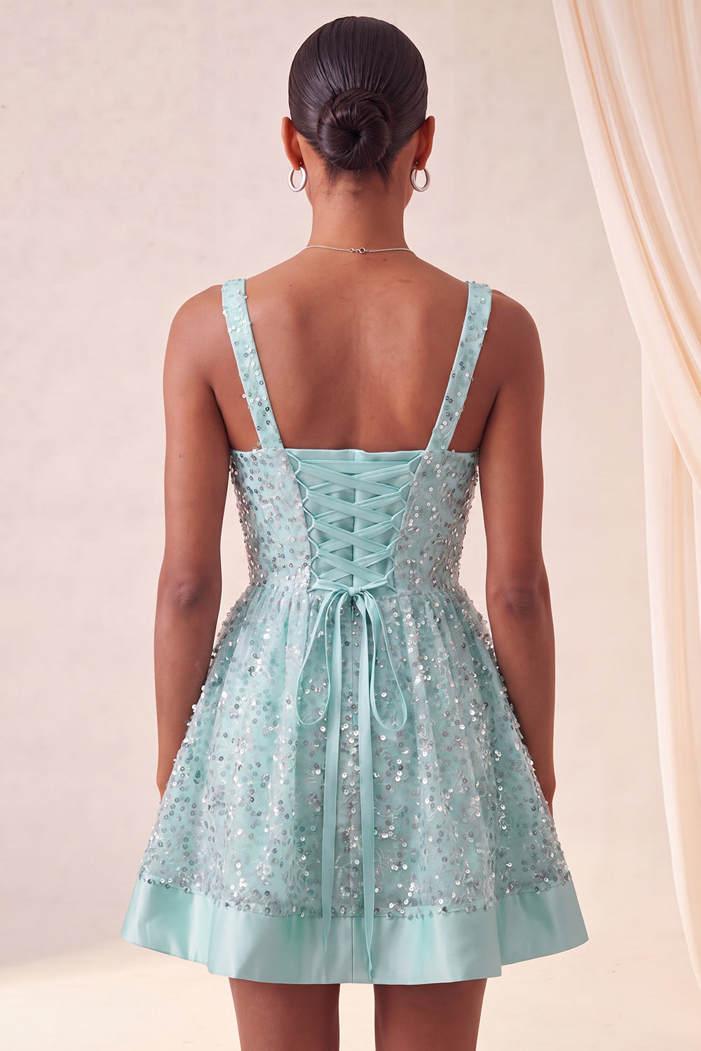 Sparkly Sky Blue Sequin Short A-Line Homecoming Dress with Bows