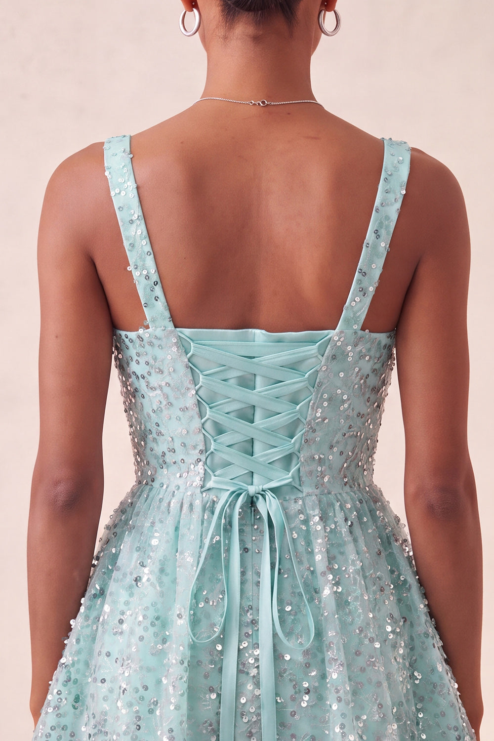 Sparkly Sky Blue Sequin Short A-Line Homecoming Dress with Bows