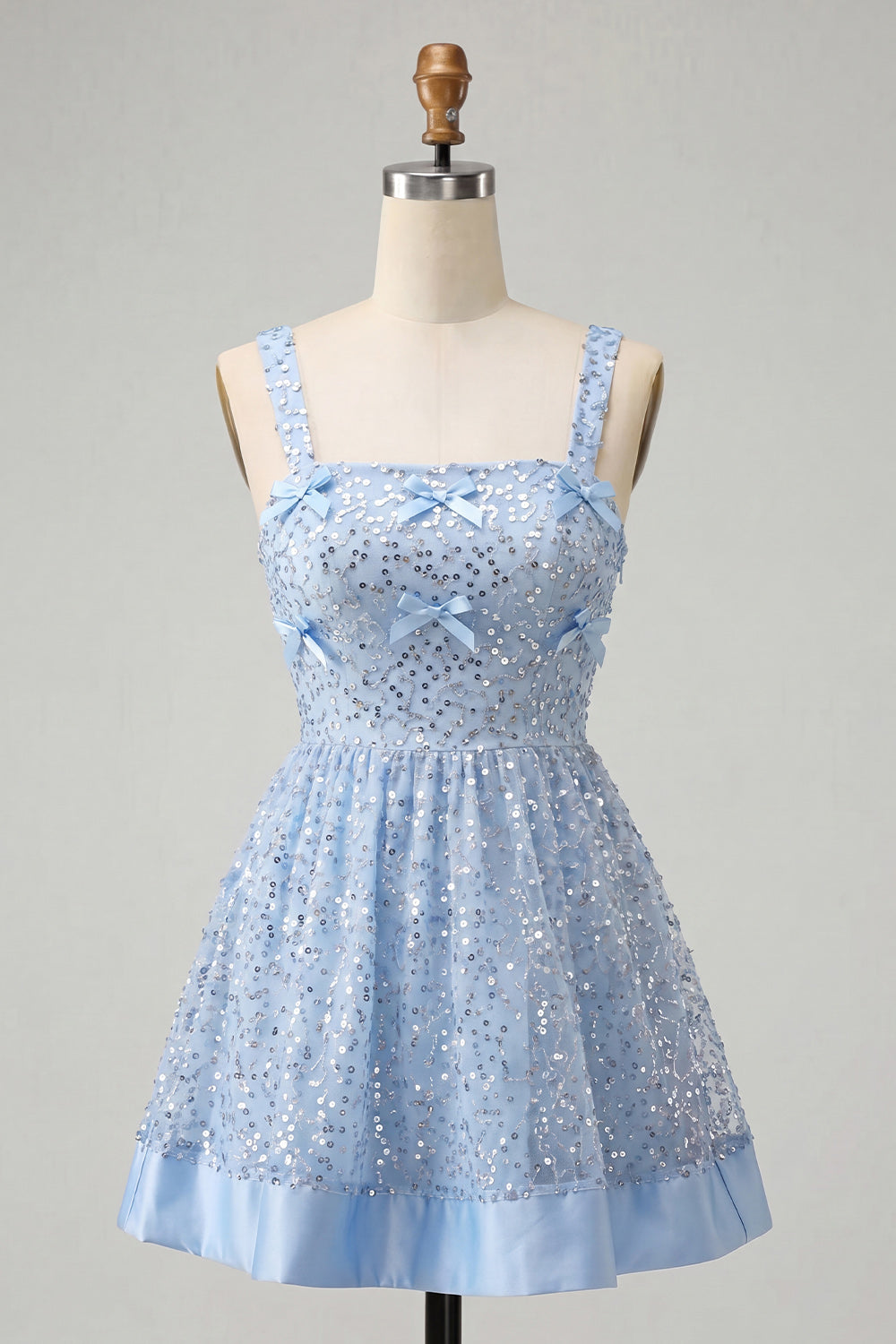 Sparkly Sky Blue Sequin Short A-Line Homecoming Dress with Bows