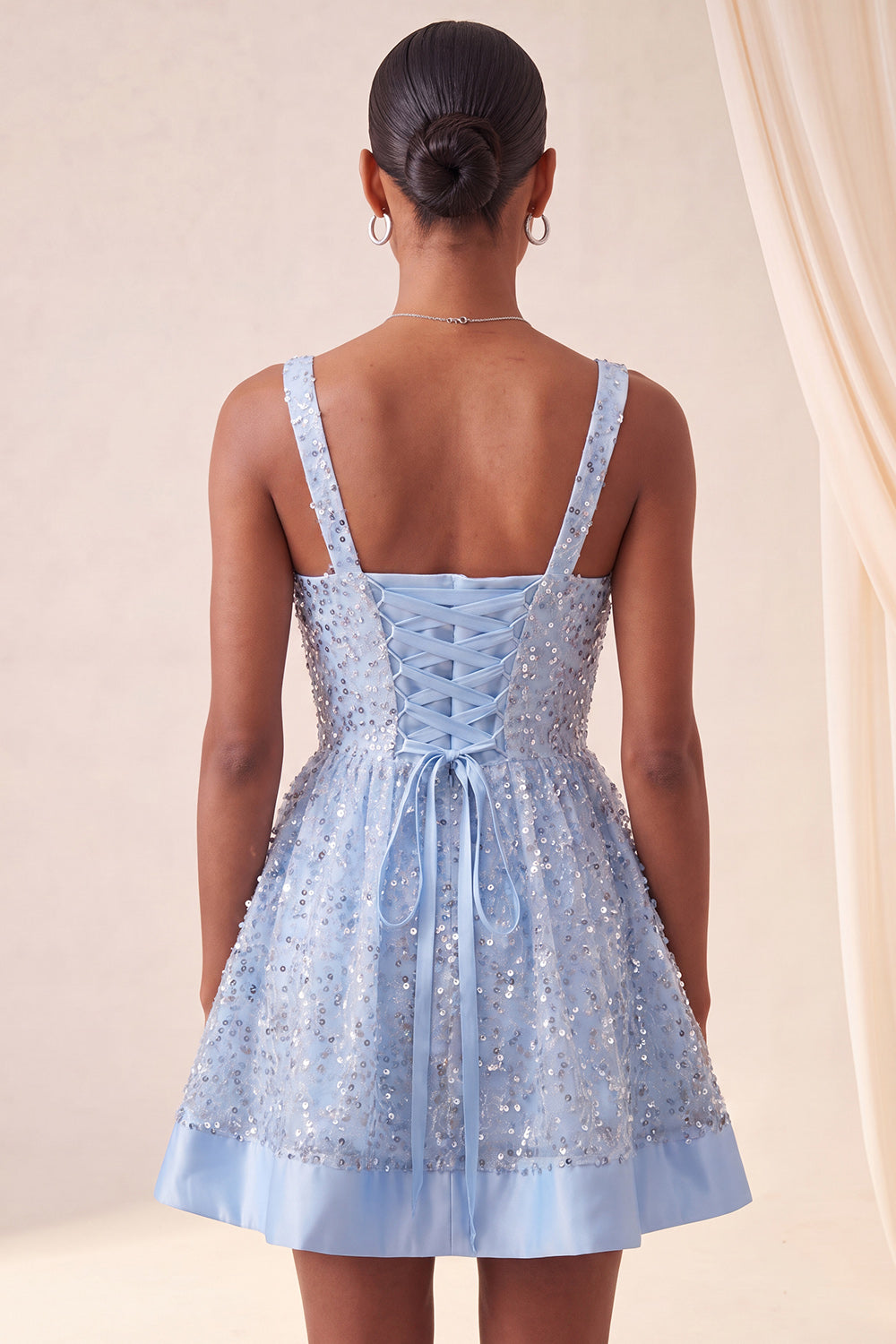 Sparkly Sky Blue Sequin Short A-Line Homecoming Dress with Bows