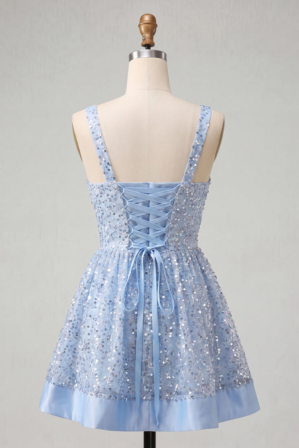 Sparkly Sky Blue Sequin Short A-Line Homecoming Dress with Bows