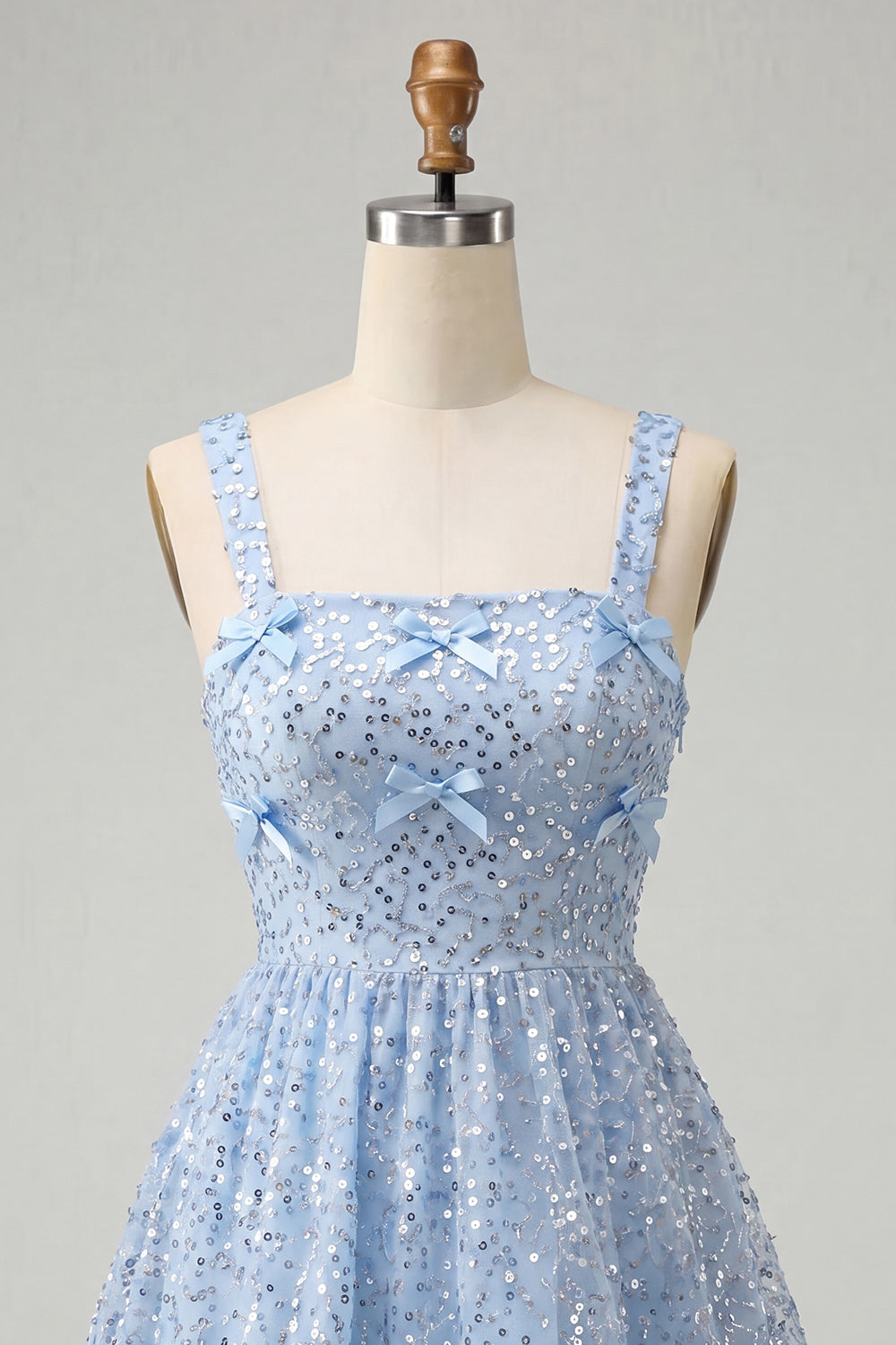 Sparkly Sky Blue Sequin Short A-Line Homecoming Dress with Bows