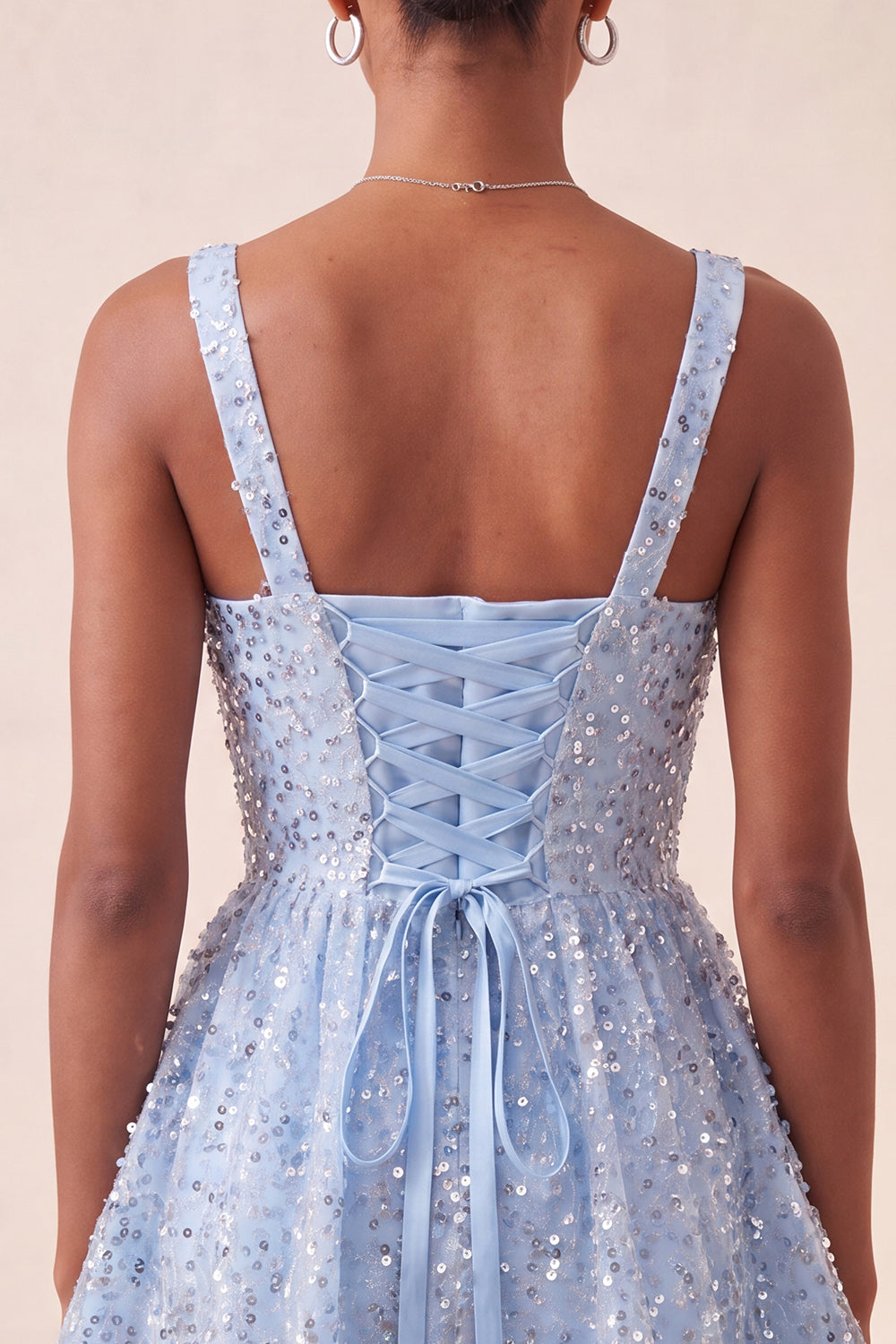 Sparkly Sky Blue Sequin Short A-Line Homecoming Dress with Bows