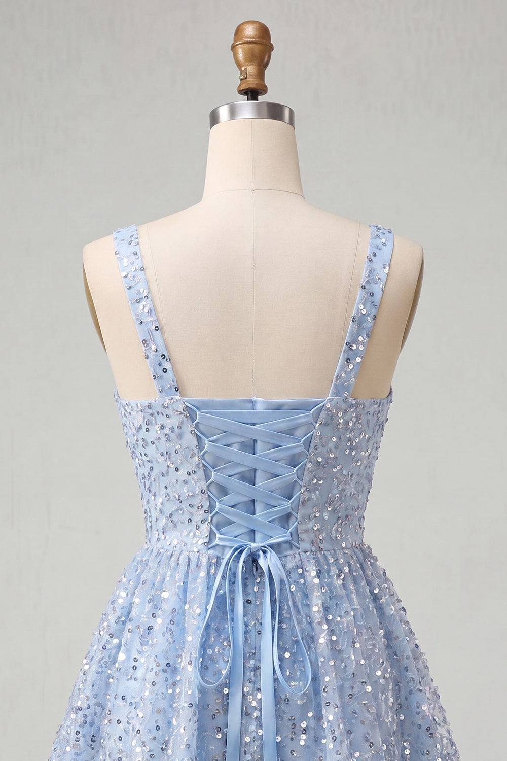 Sparkly Sky Blue Sequin Short A-Line Homecoming Dress with Bows