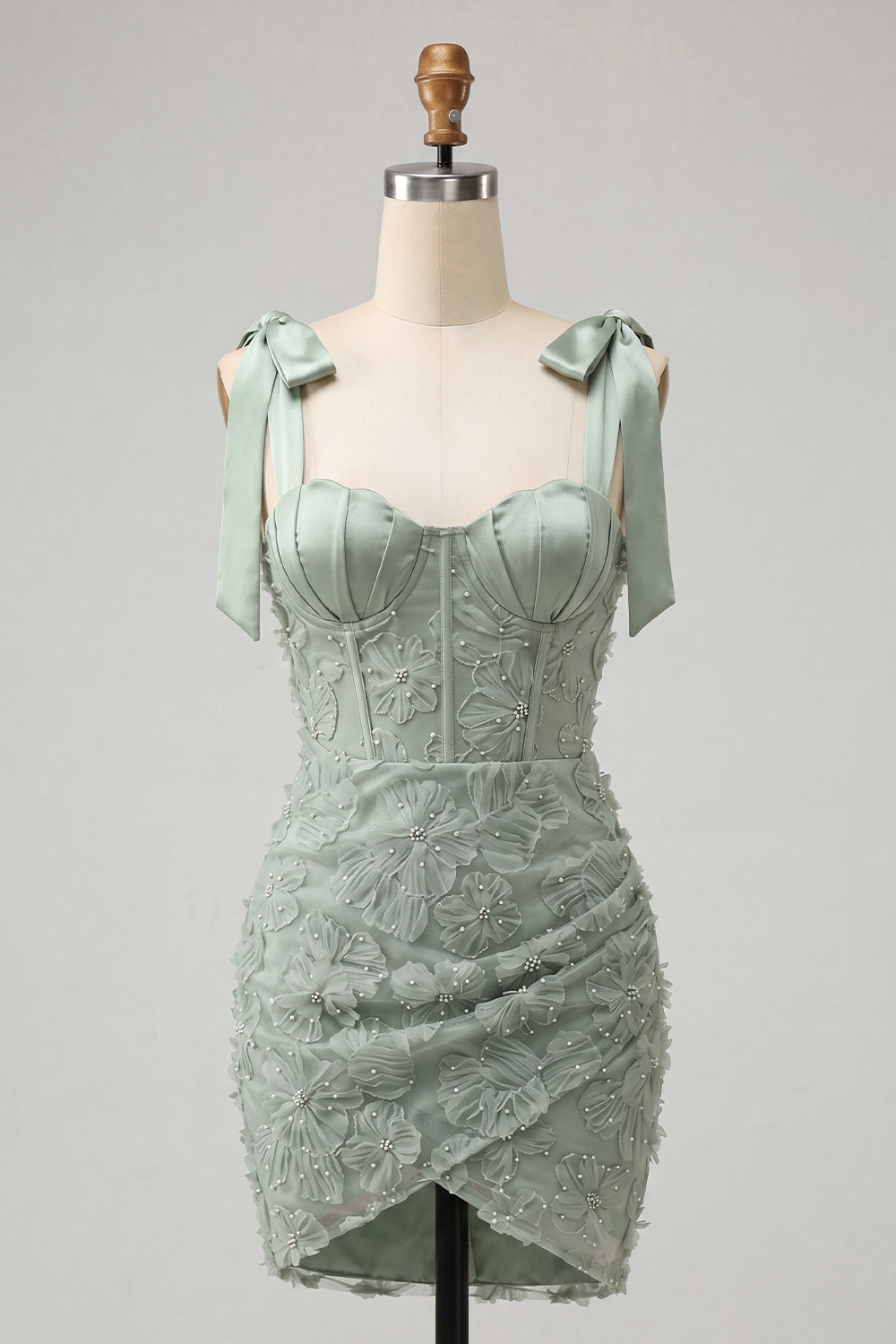 Floral Dusty Sage Corset Tight Beaded Short Homecoming Dress