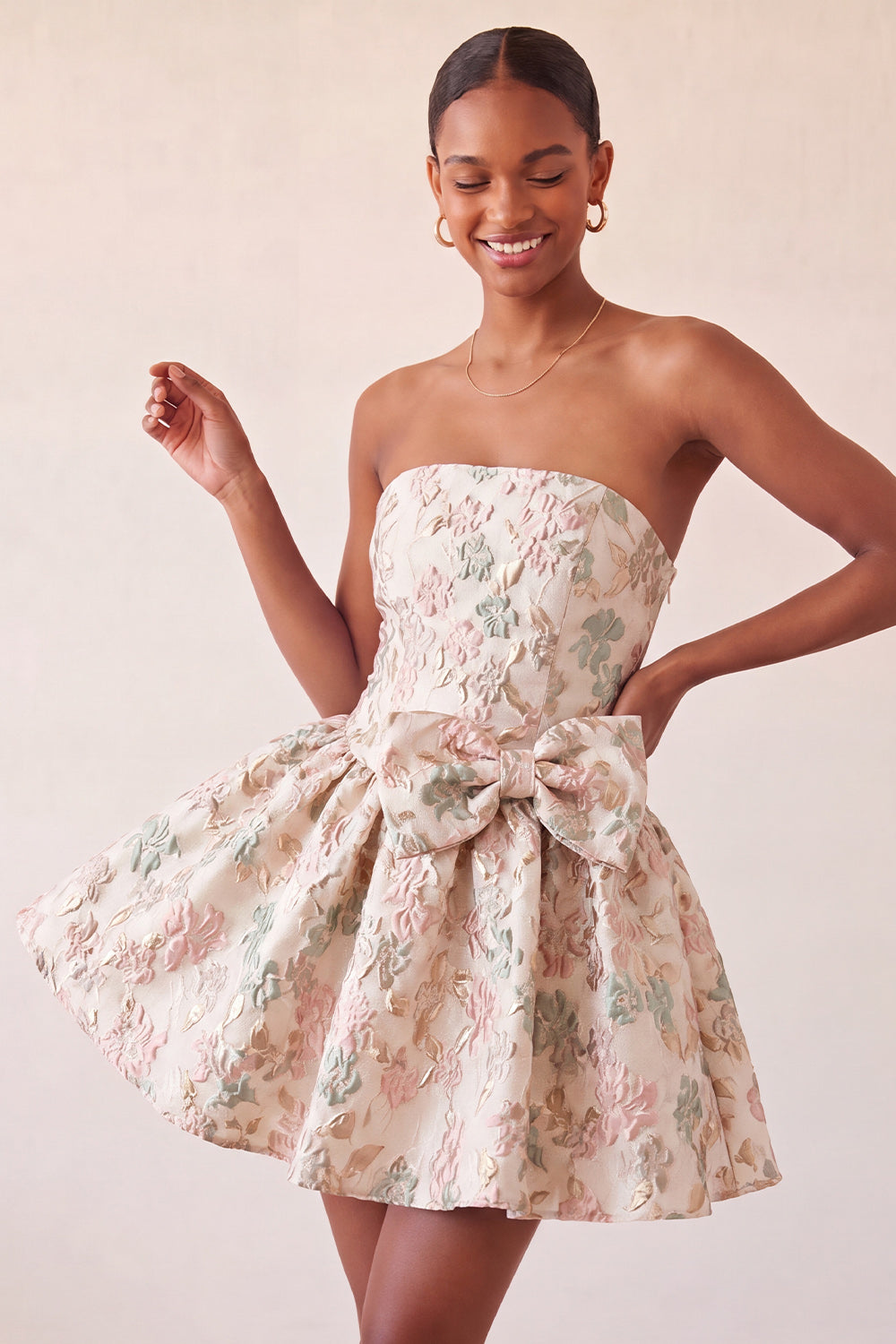 Dusty Blue Strapless Jacquard A-Line Short Homecoming Dress with Bow