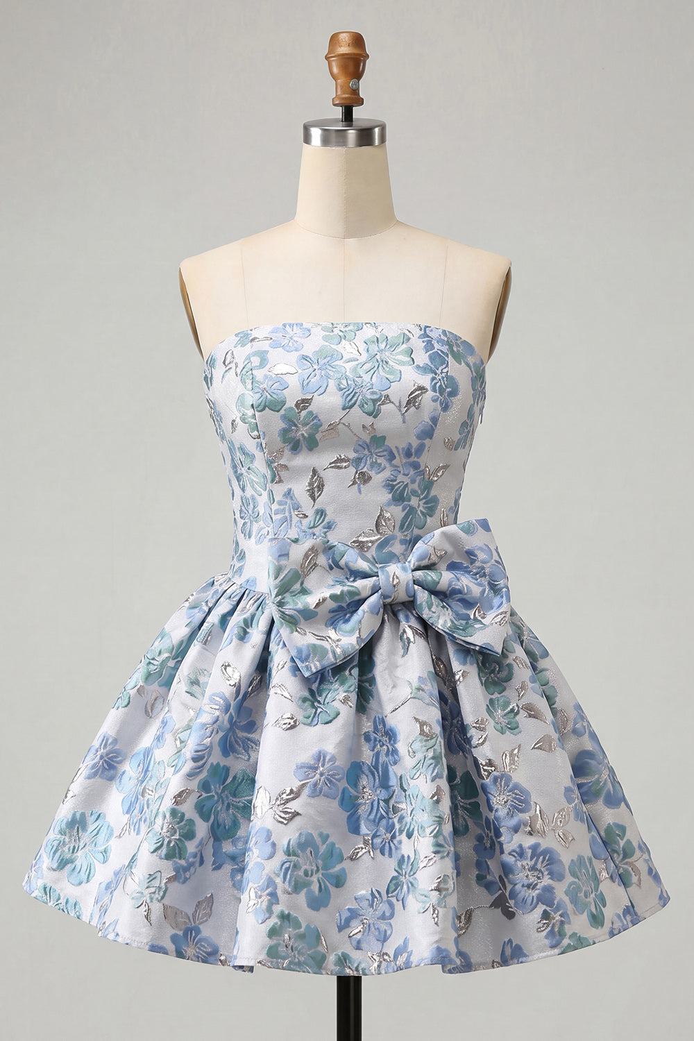 Dusty Blue Strapless Jacquard A-Line Short Homecoming Dress with Bow