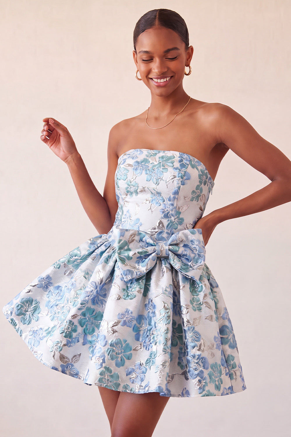 Dusty Blue Strapless Jacquard A-Line Short Homecoming Dress with Bow