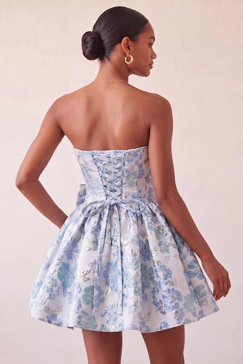 Dusty Blue Strapless Jacquard A-Line Short Homecoming Dress with Bow
