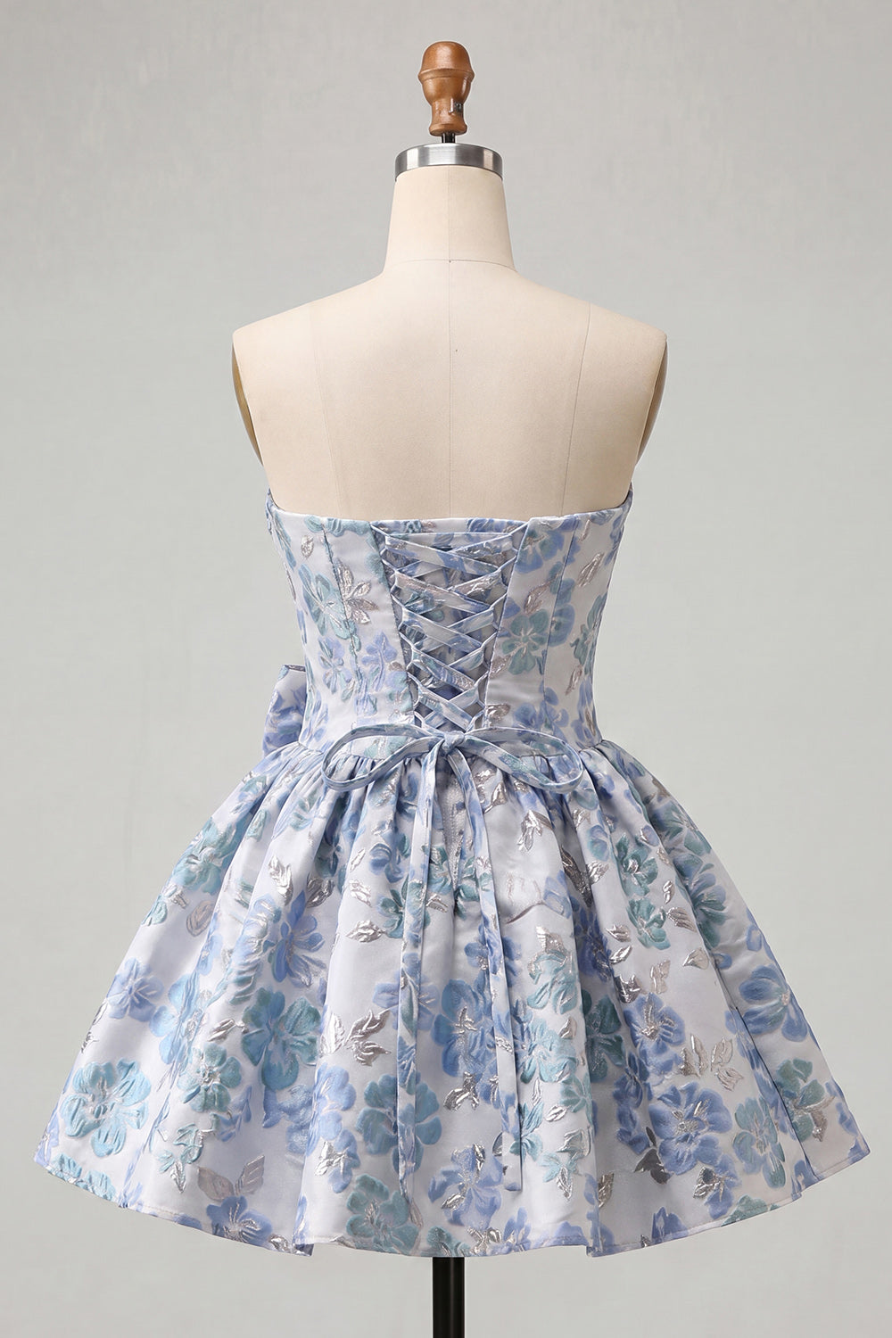 Dusty Blue Strapless Jacquard A-Line Short Homecoming Dress with Bow