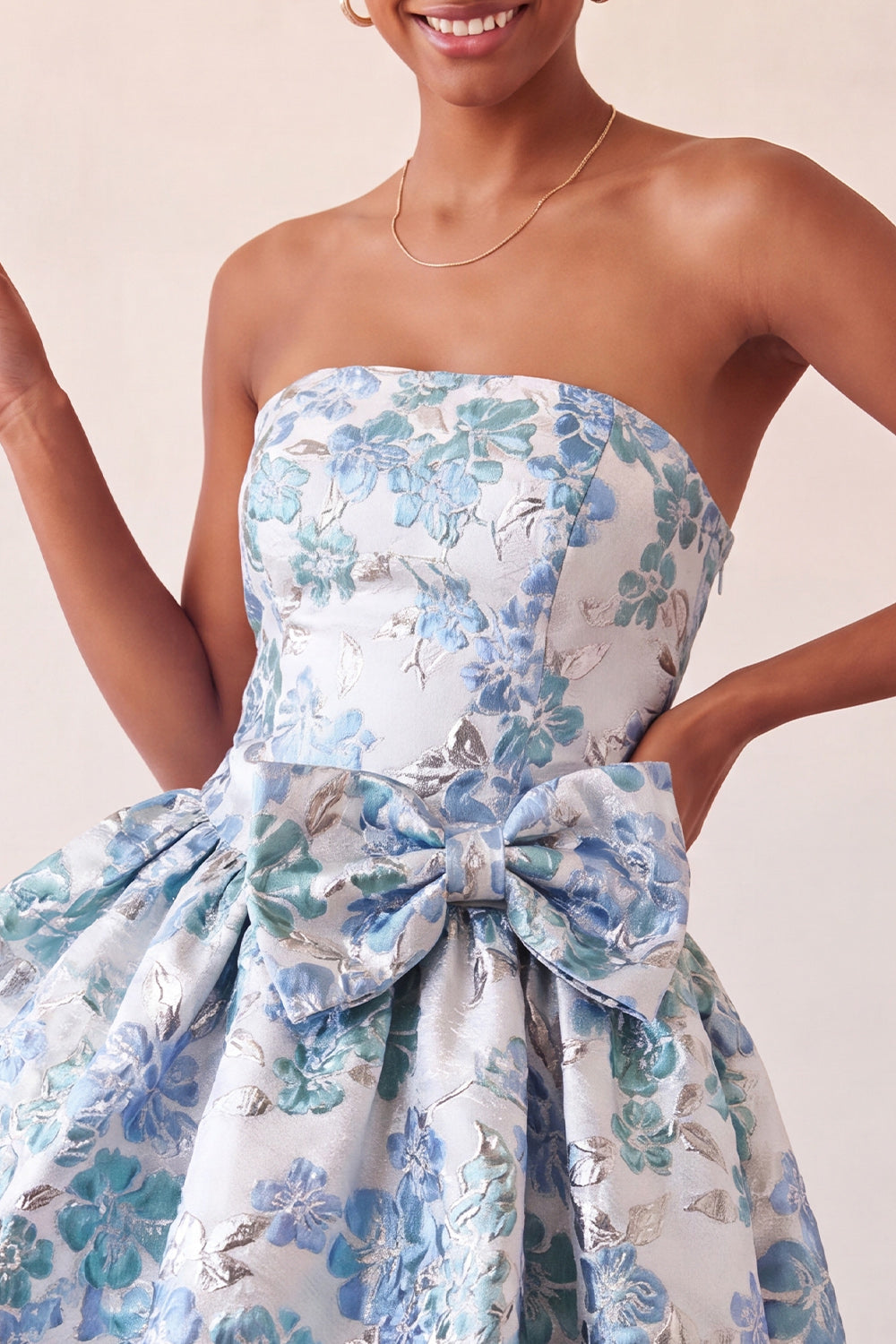 Dusty Blue Strapless Jacquard A-Line Short Homecoming Dress with Bow