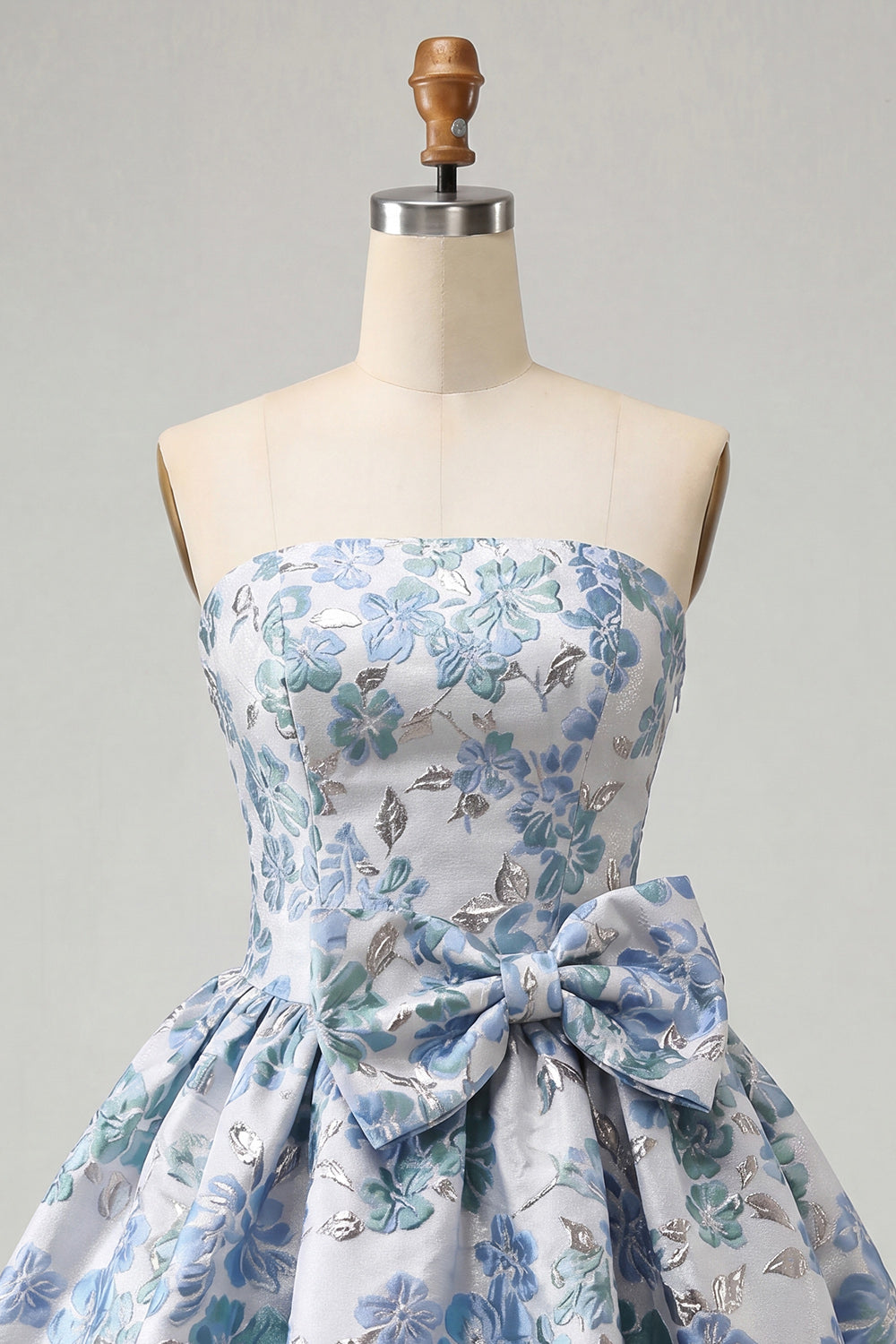 Dusty Blue Strapless Jacquard A-Line Short Homecoming Dress with Bow