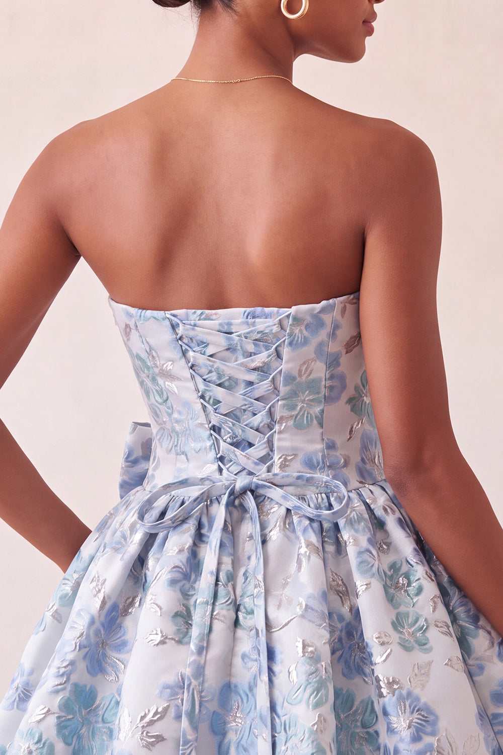 Dusty Blue Strapless Jacquard A-Line Short Homecoming Dress with Bow