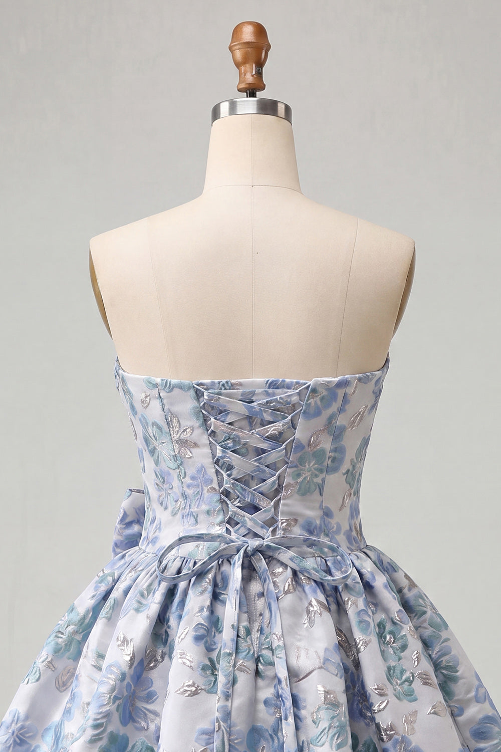 Dusty Blue Strapless Jacquard A-Line Short Homecoming Dress with Bow